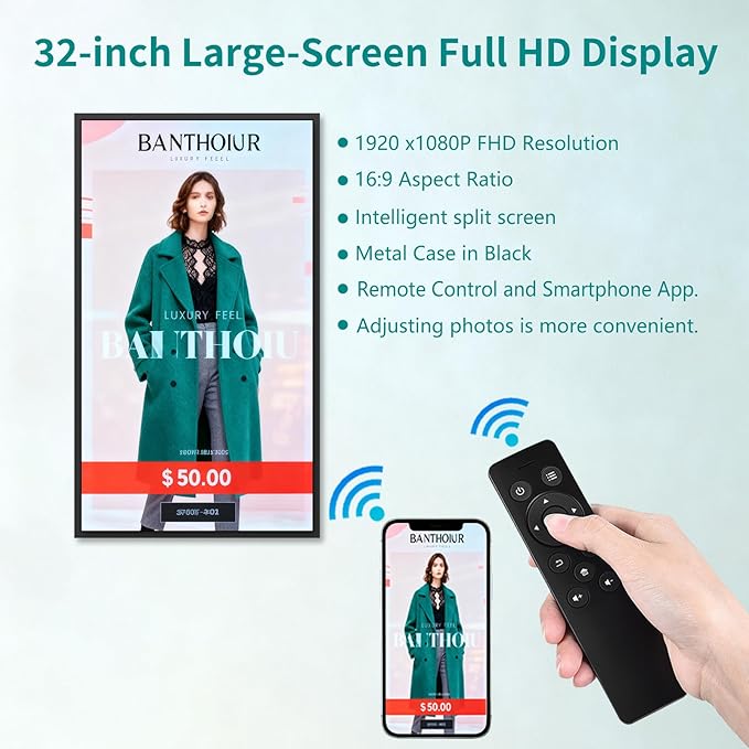 32 Inch FHD 500 Nits Slim Fit Frameless Commercial Display LCD Monitor Wall Mount Digital Signage RK3566 with HDMI Interface 4＋32 GB (Optional) Android 11 OS for Advertising Screen