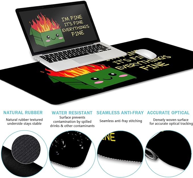 Blusabaca Dumpster on Fire Mouse Pad Desk Pad Funny Cute Desk Mat Large Gaming Mouse Pad with Wrist Rest Keyboard Pad Wrist Rest Ergonomic Cup Coaster Work Home Desk Accessories Office Supplies