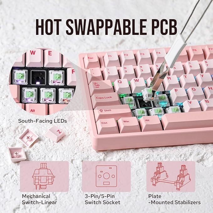 KiiBoom Moonshadow V2 75% Wireless Aluminum Gaming Keyboard QMK&ampVIA Programmable BT5.0/2.4GHz/USB-C Hot-Swappable Creamy Mechanical Keyboard with FR4 Plate Knob 4000mAh Battery (Pink)