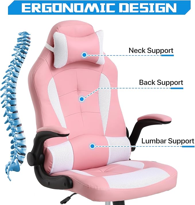PC Gaming Chair Ergonomic Office Chair Computer Desk Chair with Armrests Headrest and Lumbar Support PU Leather Taipan High Back Home Computer Chair (Pink)