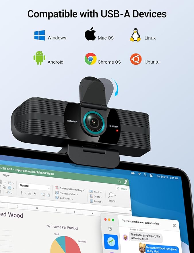 RUWBY Full HD 1080P Webcam with Built-in Dual Mics Wide-Angle Lens Privacy Cover Tripod Stand Autofocus Computer Camera Plug and Play for Desktop PC or Laptop