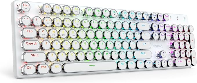 Redragon K710 Wireless Typewriter Mechanical Gaming Keyboard Bluetooth/2.4Ghz/Wired RGB LED Backlit Blue Switch - Clicky Rechargeable Solid Metal Panel Round Keycaps White