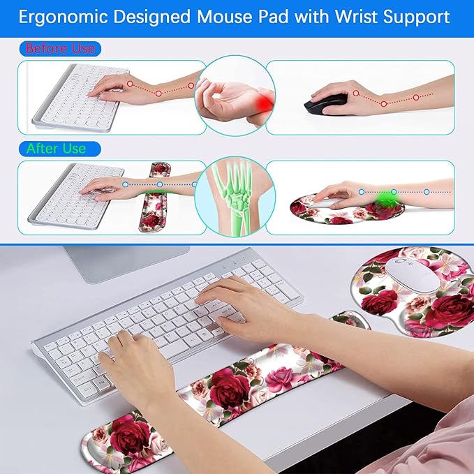 Mouse Pad Wrist Support and Keyboard Wrist Rest with CoasterNon-Slip Rubber Base Ergonomic Gaming Mousepad for Home Office Working Studying Easy Typing &amp Pain ReliefRoses and Hyacinth Flowers