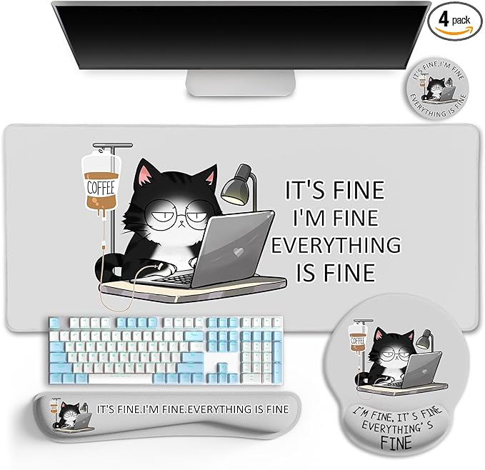 Cat Ergonomic Mouse Pad with Wrist Rest Desk Mat Sets Accessories Cute Mouse Pads for Desk Gaming Mouse Pad Wrist Support Keyboard Mat Wrist Rest Cup Coaster Funny Office Desk Accessories