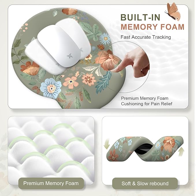 Desk Pad Mat Green Wrist Rest Support for Mouse Pad&ampKeyboard Set Scalloped Vanity mat Protector for Makeup Cute Floral Nail Mat Aesthetic Desk Protector for Women's Office Home Dorm