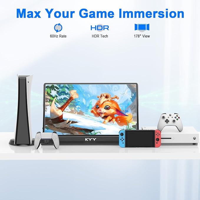 KYY Portable Monitor for Laptop 14 FHD 1080P Travel Monitor USB-C &amp HDMI Computer Gaming Screen with VESA Mount &amp Smart Cover Dual Speakers for Mac PC Phone Xbox PS5 Switch