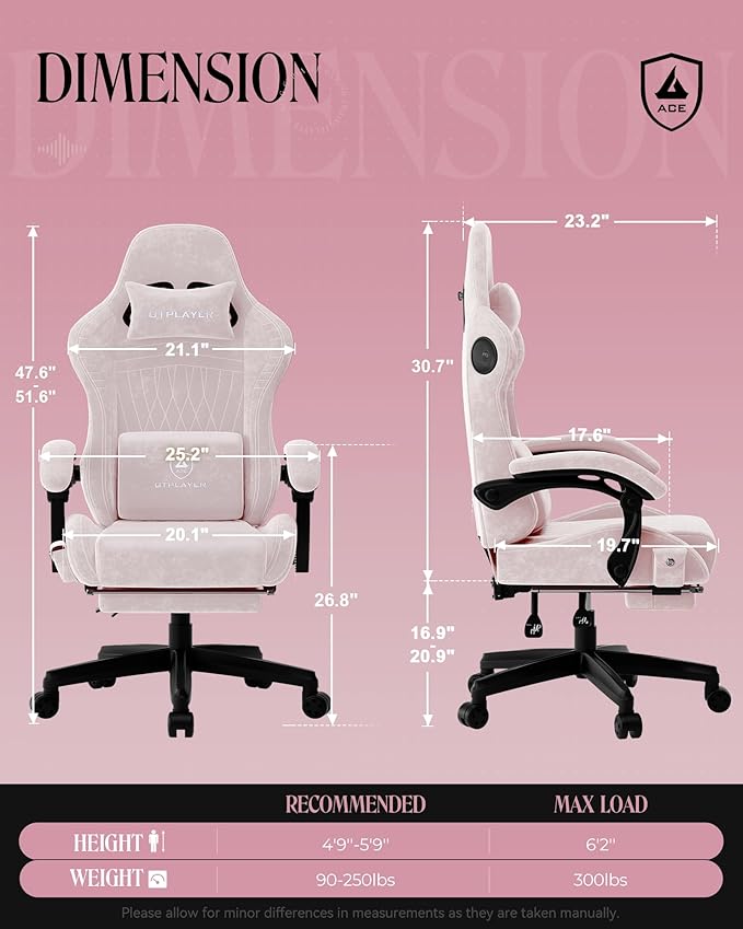 GTPLAYER Gaming Chair with Speakers Video Game Chairs with Footrest PC Gamer Chairs for Adults - Padded High Back Ergonomic Reclining Silla Gamer Linkage Armrest ACE Pro Pink (Velvet)
