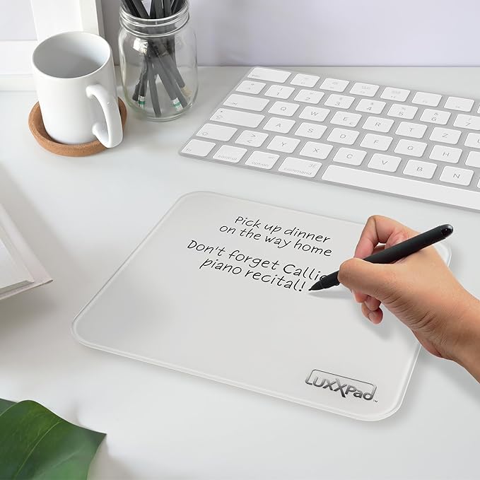 Glassboard Studio LuxxPad Glass Mouse Pad - Mouse Pad Gaming and Dry Erase Note Taking Pad Tempered Strong Glass with Rubber Non-Slip Feet for Gaming &amp Work (White 7.5 x 8)