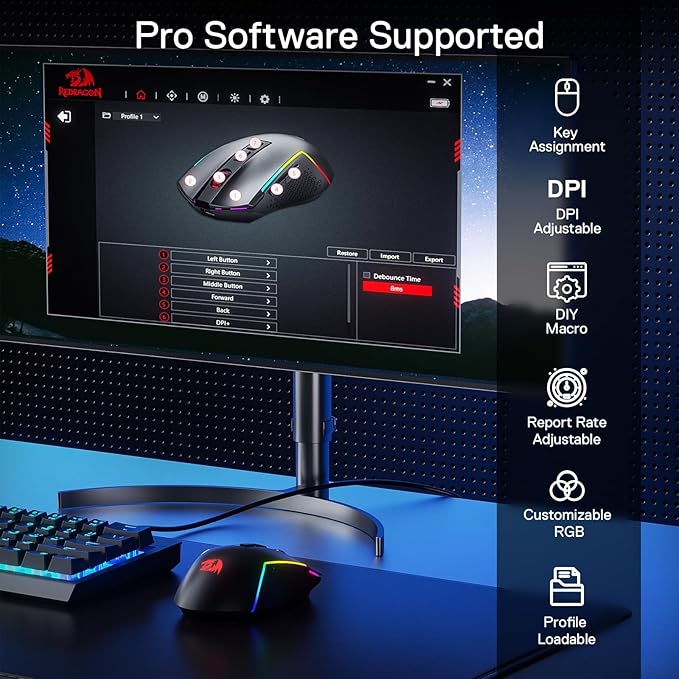 Redragon M693 LIT Wireless Gaming Mouse 12800 DPI Mice w/ 3-Mode Connection BT &amp 2.4G Wireless 7 Macro Buttons Reliable Power Capacity for PC/Mac/Laptop