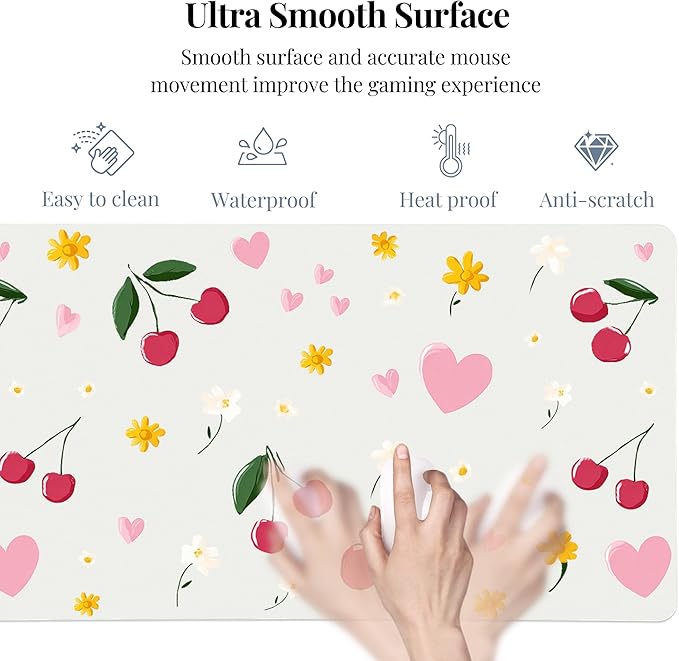 Idocolors Cherry Desk Mat Cute Extended Gaming Keyboard Mouse Pad Large Office Desk Cover Mat Pad Deskmat Non-Slip Leather Home Office Desk Mat Protector 31.5×15.7