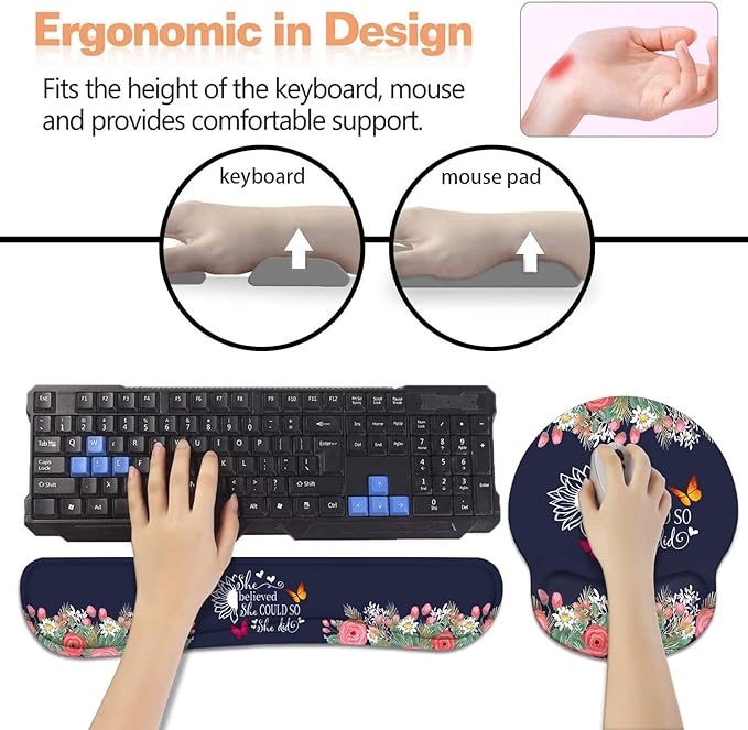 Keyboard Wrist Rest + Mouse Pad Wrist Support Set with Coasters She Believed She Could So She Did Inspirational Quote Design Non-Slip PU Base Ergonomic Mousepad for Home Office Working Studying