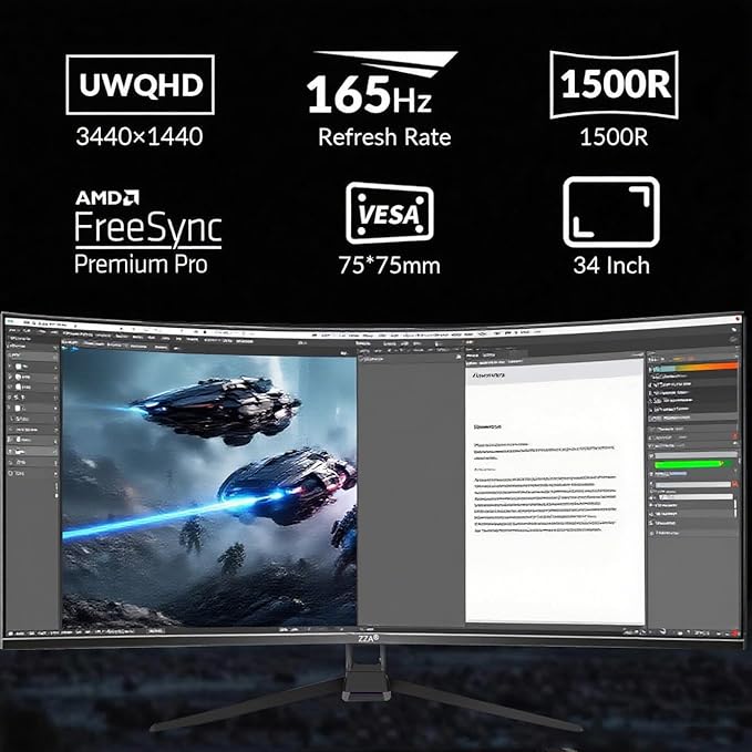 ZZA 34 UltraWide Curved UWQHD Monitor - Immersive Gaming Experience with 165Hz Refresh Rate VA Panel and AMD FreeSync Premium | HDR10 | 99% sRGB | 3440x1440