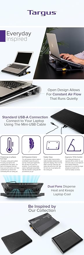 Targus Laptop Cooling Pad for Laptops up to 17-inches Dual High-Speed Fans Chill Mat + 4-Port USB Hub Laptop Fan Cooling Pad for Work USB Stand Cooling Pad for Gaming Laptop Cooling Fan (AWE81US)