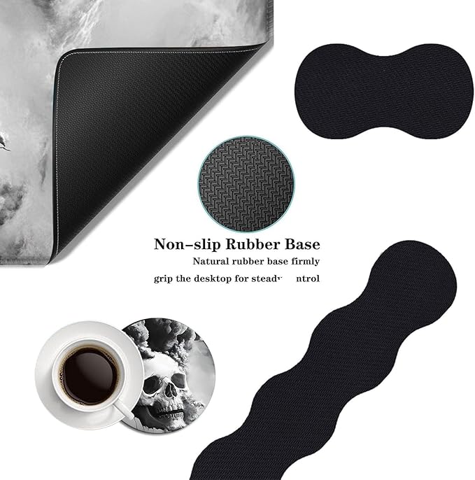 Mouse PadLarge Desk Mat Set 4in1 XL Mousepad + Keyboard Wrist Rest+Mouse Wrist Rest+Coaster with Ergonomic Desk Pad for Home Office Table Computer Cover -Smoky Skull Art