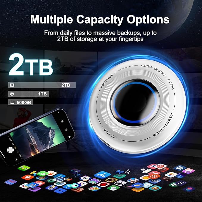 FP108 2TB Magnetic Portable SSD External Solid State Drives with PD-100W and 2050MB/s USB-C 3.2 Gen 2x2 Play While Charging Compatible with iPhone 16/15 Pro Max Android PC Mac Switch Lite