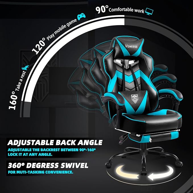 Vonesse Gaming Chair High Back Gaming Chair with Footrest and Massage Gaming Chairs for Adults with Pocket Spring Cushion Big and Tall Reclining Computer Chair with Lumbar Support (Cyan/Black)