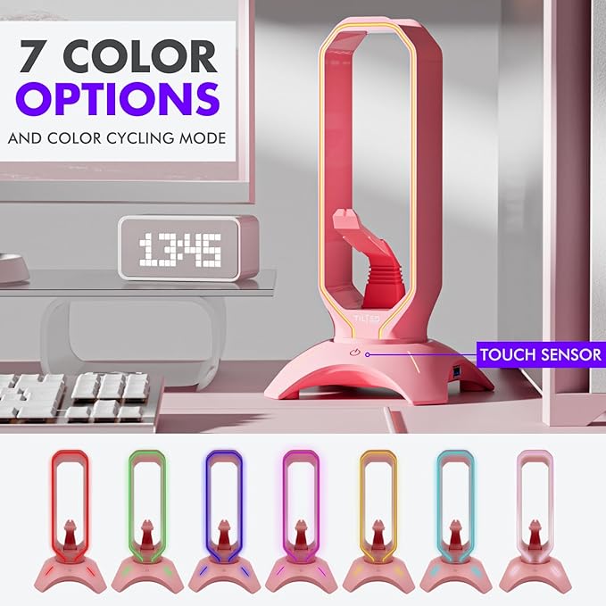 Tilted Nation Cute Headphone Stand Pink | Headset Stand with RGB Mouse Bungee Holder and 2 Port USB Hub Charger - Desk Gaming Accessories