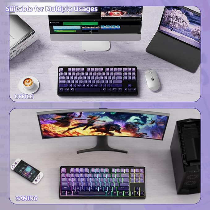 ZIYOU LANG M87 75% Wireless Gaming Keyboard Mechanical Feel Silent Rainbow Backlit Bluetooth/2.4Ghz PBT Gradient Keycaps Rechargeable 4000mAH Battery Ergonomic for MAC/Win/PC-Purple