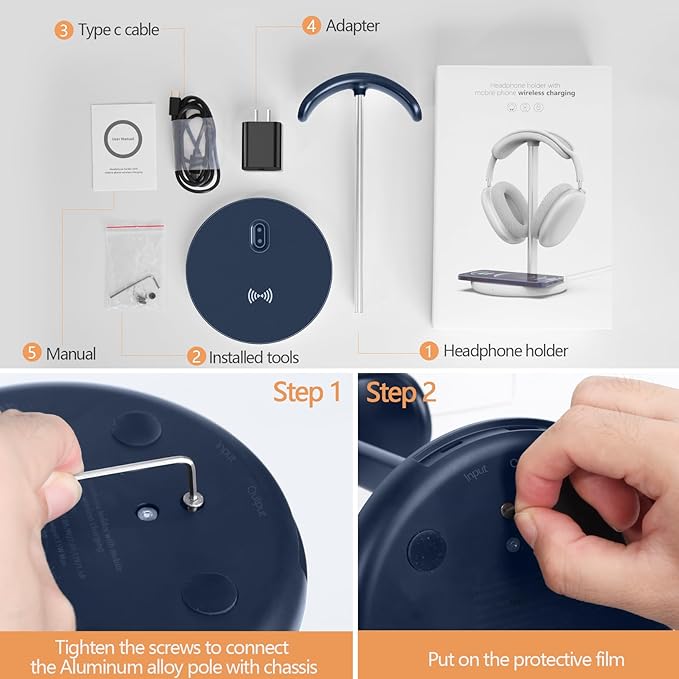Miroddi Headphone Stand with Wireless Charger Independent USB Charging Port 5 in 1 Charging Station Headset Holder Rack for iWatch iPhone Samsung and Desk All Headphones Dark Blue