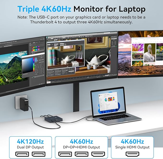 USB C to HDMI + Displayport Splitter 3 Monitors with 100W PD Charging Thunderbolt to HDMI DP Splitter 1 in 3 Out Multiple Monitors Extended Display Hub for Converter Compatible with Laptop PC