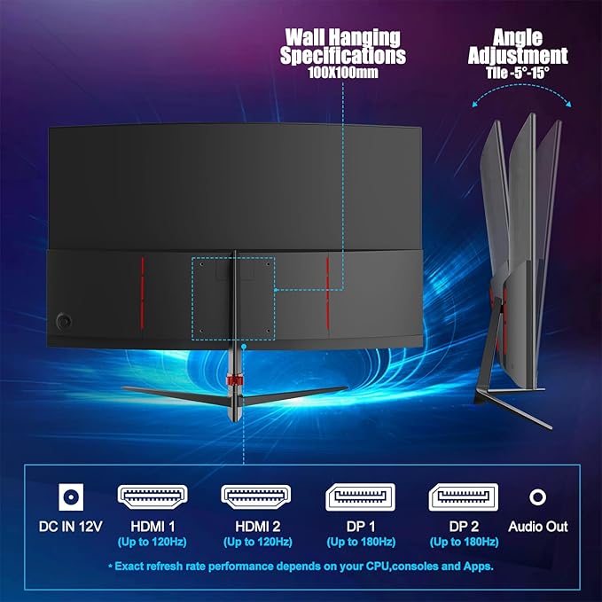 Gawfolk 27 Inch Gaming Curved Monitor 180Hz QHD 2560x1440p PC Monitor with AMD FreeSync Flicker-Free HDMI 2.0 DP 1.4 Ultra-Thin Frameless 2K Computer Screen