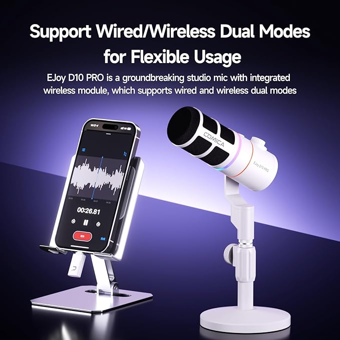 EJoy D10 PRO(D) Wireless USB Gaming Microphone – RGB Dynamic Mic with Wired/Wireless Modes XLR/USB-C Real-Time Monitoring 45H Battery Studio Mic for Gaming Streaming Podcast Recording (White)