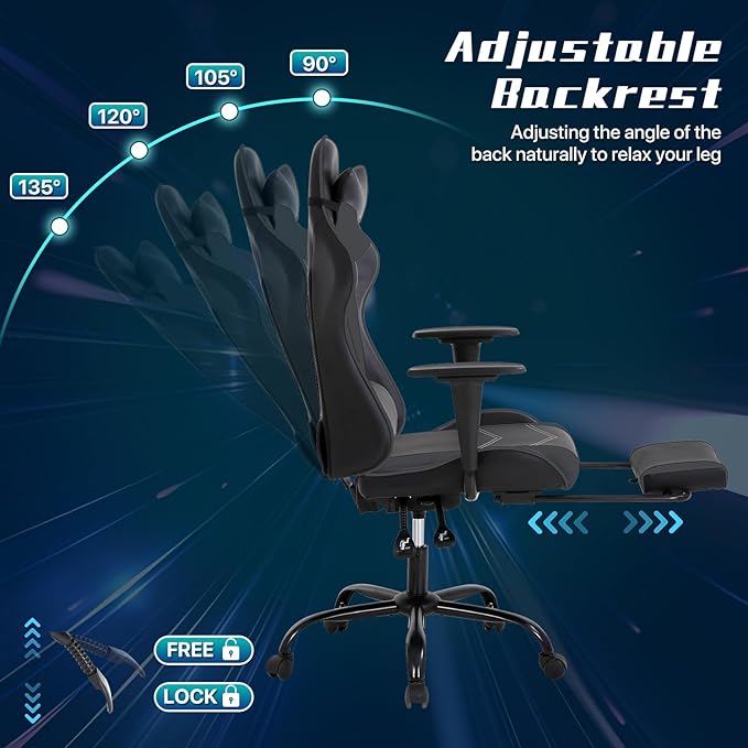 Ergonomic Gaming Chair with Footrest High Back PU Leather Office Desk Chair for Adults Teens Rolling Swivel Computer Chair (Grey)