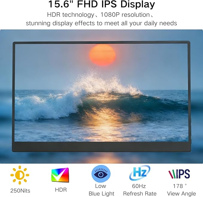 Portable Monitor 15.6'' 1920x1080 Second IPS External Monitor for Laptop 16:9 60Hz HDR Plug-Play HDMI USB-C Computer Display for Laptop PC Phone Tablet Switch