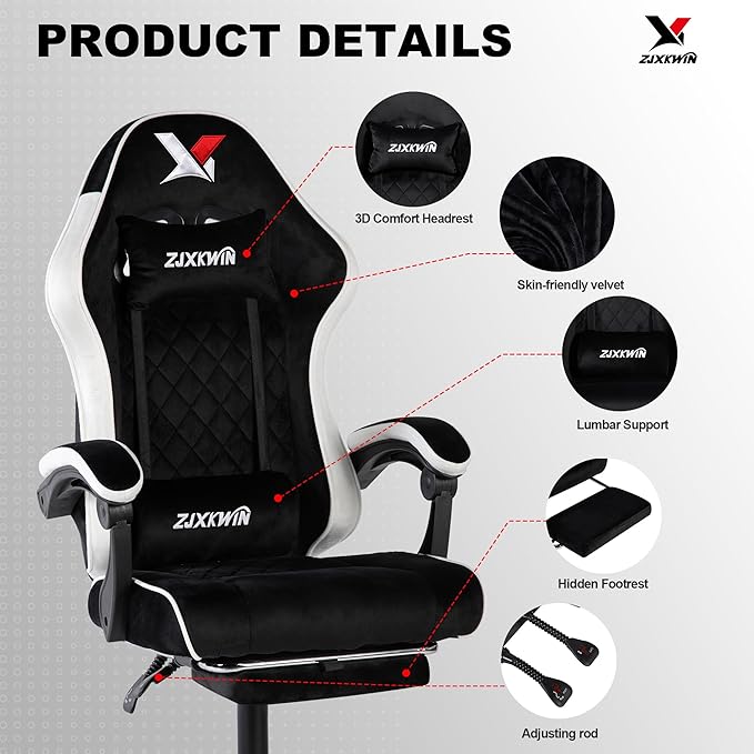 Gaming Chair with Footrest Ergonomic Computer Chair with Headrest &amp Lumbar Support Skin-Friendly Velvet Adjustable Height &amp Backrest Linked Armrest for Gamer Home Adults Office RestWhite