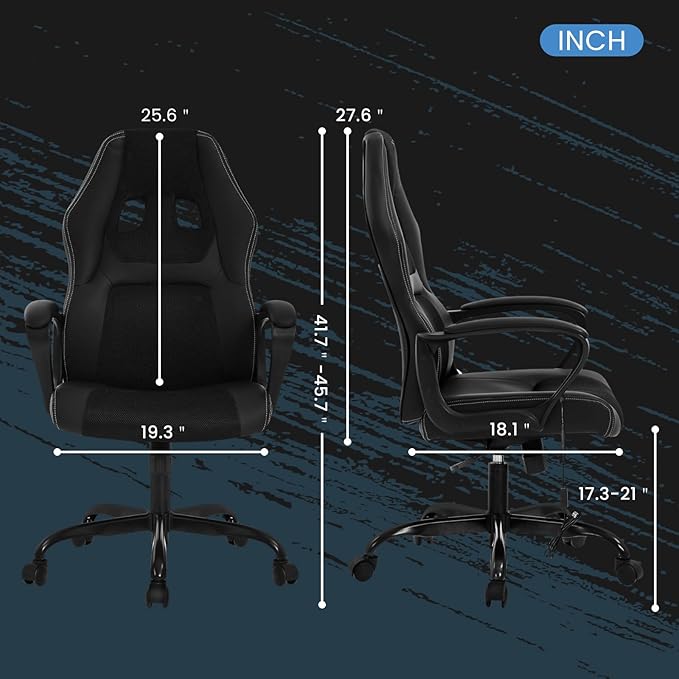 High-Back Racing Gaming Chair with Massage Lumbar Support - Ergonomic Adjustable Swivel - Black PU Leather - Perfect for Home Office or Gaming (Black)