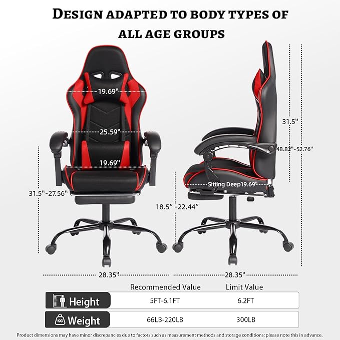 Gaming Chairs with Headrest and Lumbar Support PU Leather Reclining Gaming Chair with Footrest Racing Style Computer Desk Chair Adjustable Height &amp Backrest (Black+Blue)