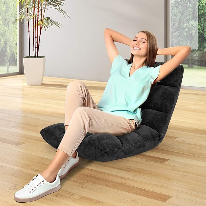 GOFLAME 14-Position Folding Floor Chair Padded Gaming Lazy Sofa Chair with Adjustable Backrest Couch Recliner Sleeper Bed Lounge Chair for Reading Gaming Meditating (Black)