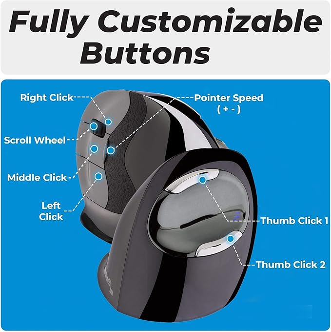 Evoluent – Inventor of The Vertical Mouse – VMDLW Ergonomic Vertical Mouse Right Hand Large USB Wireless Sculpted for Comfort Reduces Wrist Strain 4 Speeds 6 Customizable Buttons in Windows
