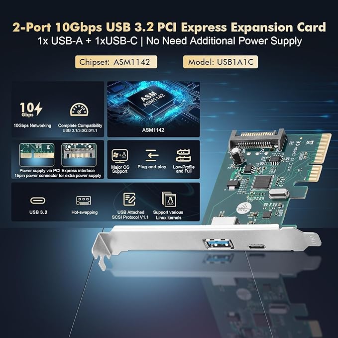 Binardat PCIE to USB 3.2 Gen2 10Gbps Expansion Card 2 Port USB Type-A and Type-C Ports Self-Powered Low Profile Bracket USB3.2 Hub Controller Adapter for Windows 10/11