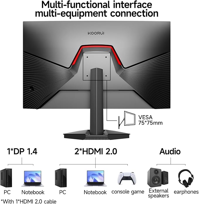 KOORUI 24 inch 240hz Gaming Monitor 2K Fast IPS 1080p Monitor with HDMI 2.0 &amp Display Port 1.4 Support Vesa Mount for PC Gaming