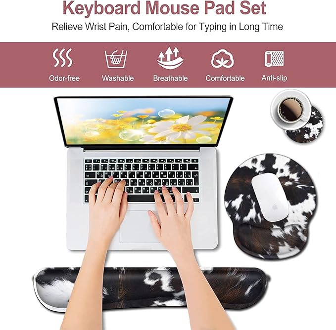 BROWN COW Ergonomic Mouse Pad and Keyboard Wrist Rest - Easy Typing Pain Relief Memory Foam Cute Cowhide Design