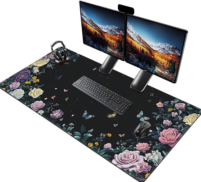 Gaming &amp Office Mouse Pad - 48x 24 Extended 3XL Desk Mat with Stitched Edges Non-Slip Rubber Base Giant Computer Mousepad for Laptop Keyboard PC - Flower Pattern Desk Protector