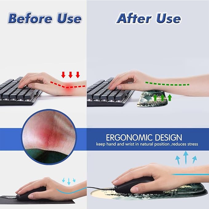 Bxgolkgd Ergonomic Gel Mouse Wrist Rest Pad and Keyboard Pad SetAnti-Slip PU Bottom Easy Typing and Relieve Wrist Pain with Cute Coaster Set (3-Mountain Forest)