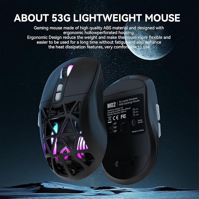 FD Wireless Gaming MouseRechargeable RGB Programmable Macro Mouse10000 DPITri-Mode 2.4GHz/BT 5.0 with Wired3.7V 500mAh Built-in Battery for Laptop Desktop PC MacBook Chromebook - Black