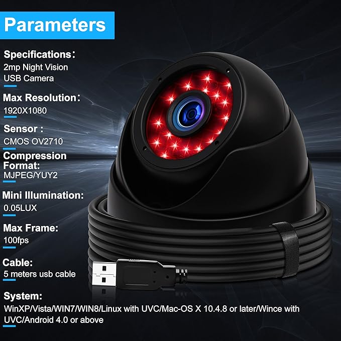 ELP 3.6mm 1080P Dome Camera with IR LED Night Vision HD Webcam Infrared PC Camera with Metal Case Waterproof Outdoor USB Security Camera CCTV Home Surveillance System 30/60/120fps Auto IR Camera