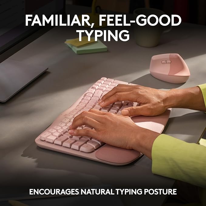 Logitech Wave Keys Wireless Ergonomic Keyboard with Cushioned Palm Rest Comfortable Natural Typing Easy-Switch Bluetooth Logi Bolt Receiver for Multi-OS Windows/Mac - Rose