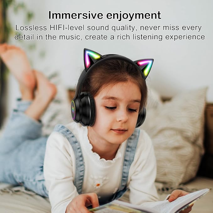 Bluetooth Cat Ear Headphones for Kids &amp Adults Wireless &amp Wired Mode Foldable Headset with Mic - Clear Sound Quality - RGB LED Light for Girls School Gaming for Phone/Laptop/PC/Tablet Blac