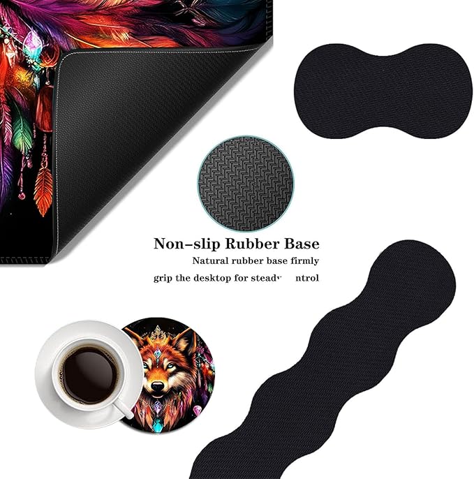 Mouse PadLarge Desk Mat Set 4in1 XL Mousepad + Keyboard Wrist Rest+Mouse Wrist Rest+Coaster with Ergonomic Desk Pad for Home Office Table Computer Cover -Wolf with Feathers