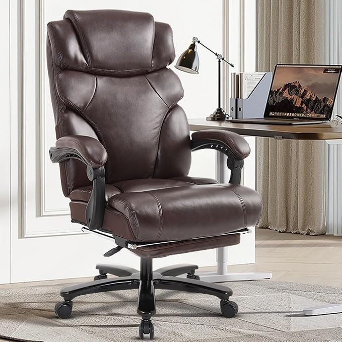 Heavy Duty Executive Office Chair 550lbs Big and Tall Office Chair with Wide Seat Reclining Ergonomic Desk Chair with Footrest PU Leather Computer Chair for Home Office Brown