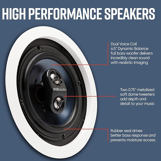 Polk Audio RC6s in-Ceiling 6.5 Stereo Speaker | Dual Channel from a Single Location | Perfect for Damp and Humid Indoor/Outdoor Placement - Bath Kitchen Covered Porches (White Paintable Grille)