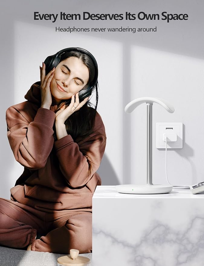 Miroddi Headphone Stand with Wireless Charger Independent USB Charging Port 5 in 1 Charging Station Headset Holder Rack for AirPods Max/Pro/4/3/2 iWatch iPhone Samsung and Desk Headphones White