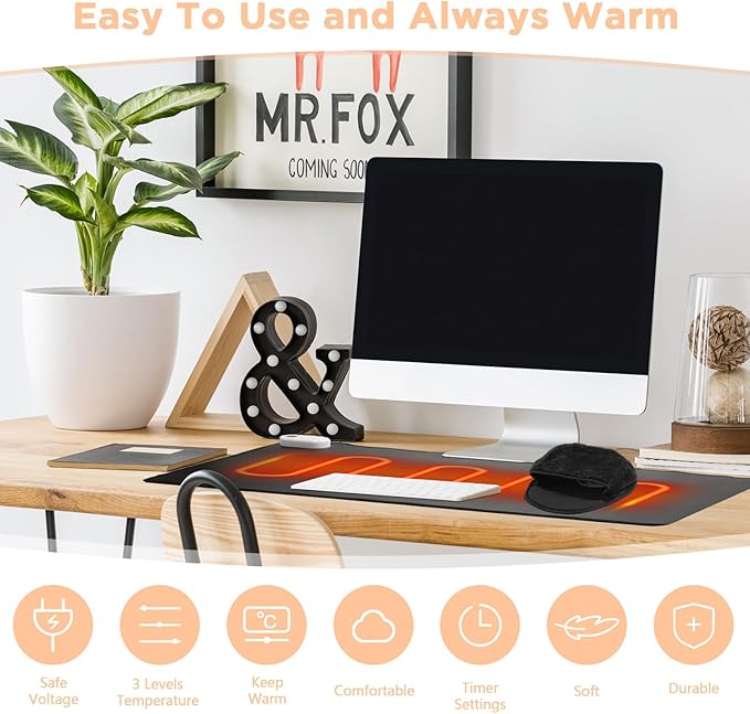 VIHOSE 2 Pcs Heated Desk Pad USB Mouse Hand Warmer Electric Warm Faux Leather Pad Large Safe Desk Keyboard Mat with 3 Heating Levels for Computer Users Gift Home Work Office Black