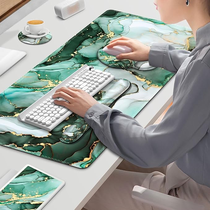 Gaming Mouse Pad Large Desk Mat Cute Desk Pad Protector 4in1 XXL Mousepad + Keyboard Wrist Rest+Mouse Wrist Rest+Coaster Set with Ergonomic Desk Pad for Home Office PC Computer Green Marble