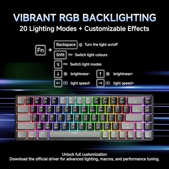 DIERYA DK68 60% Wireless Mechanical Gaming Keyboard 3 Modes Bluetooth/2.4GHz/USB-C with Red Linear Switch RGB Backlit Anti-Ghosting 68-Key Compact mini keyboard for Windows/macOS/Linux- Grey/Black