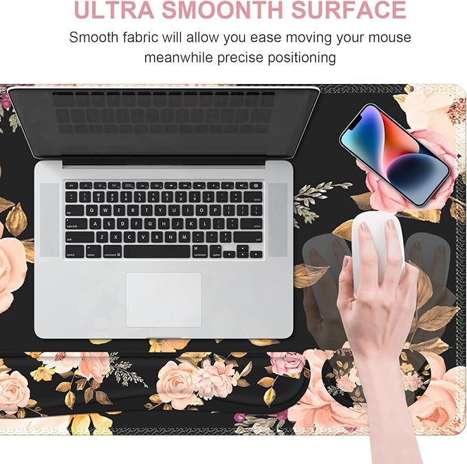 XXL Desk Mat Large Floral Mouse Pad with Wrist Rest Keyboard Wrist Rest 3 in1 Desk Pad Matt Set Gaming Mousepad with Wrist Support Computer Mat for Desktop Office Women LaptopBlack Pink